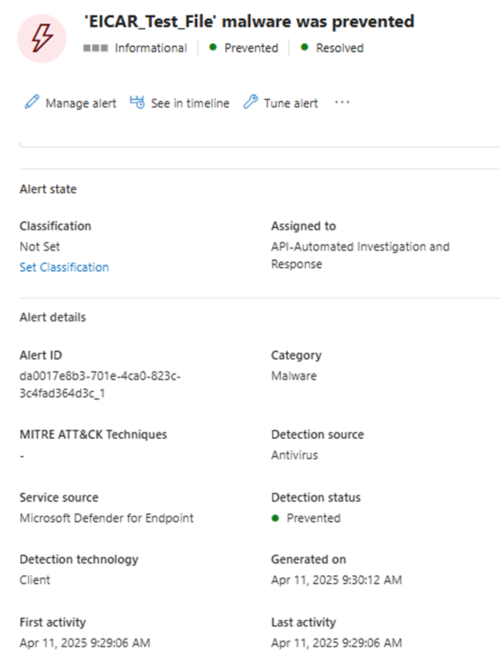 EICAR test file malware alert was prevented by Microsoft Defender; alert is resolved.